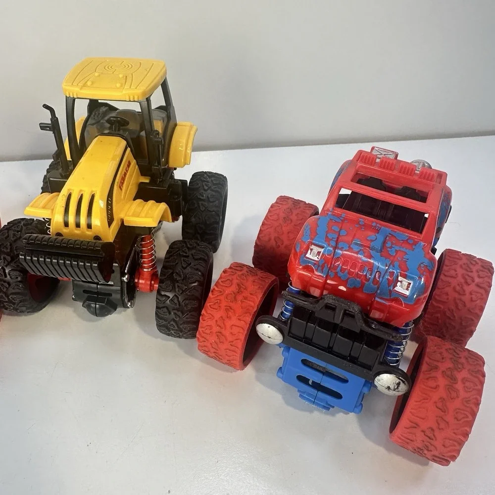Lot of 4 Friction Propel Cars Push 'n Go Jeep Monster Truck Yellow Tractor Racer